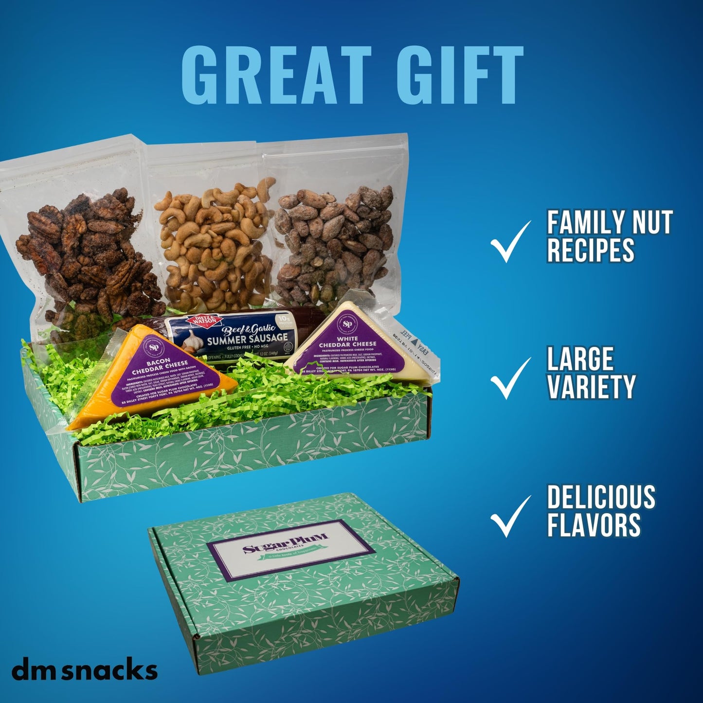 Sausage, Cheese And Nuts Gift Basket For Men, Women, Cashews, Almonds, Maple Pecans, 2 Cheeses, Summer Sausage - Birthday Gift F