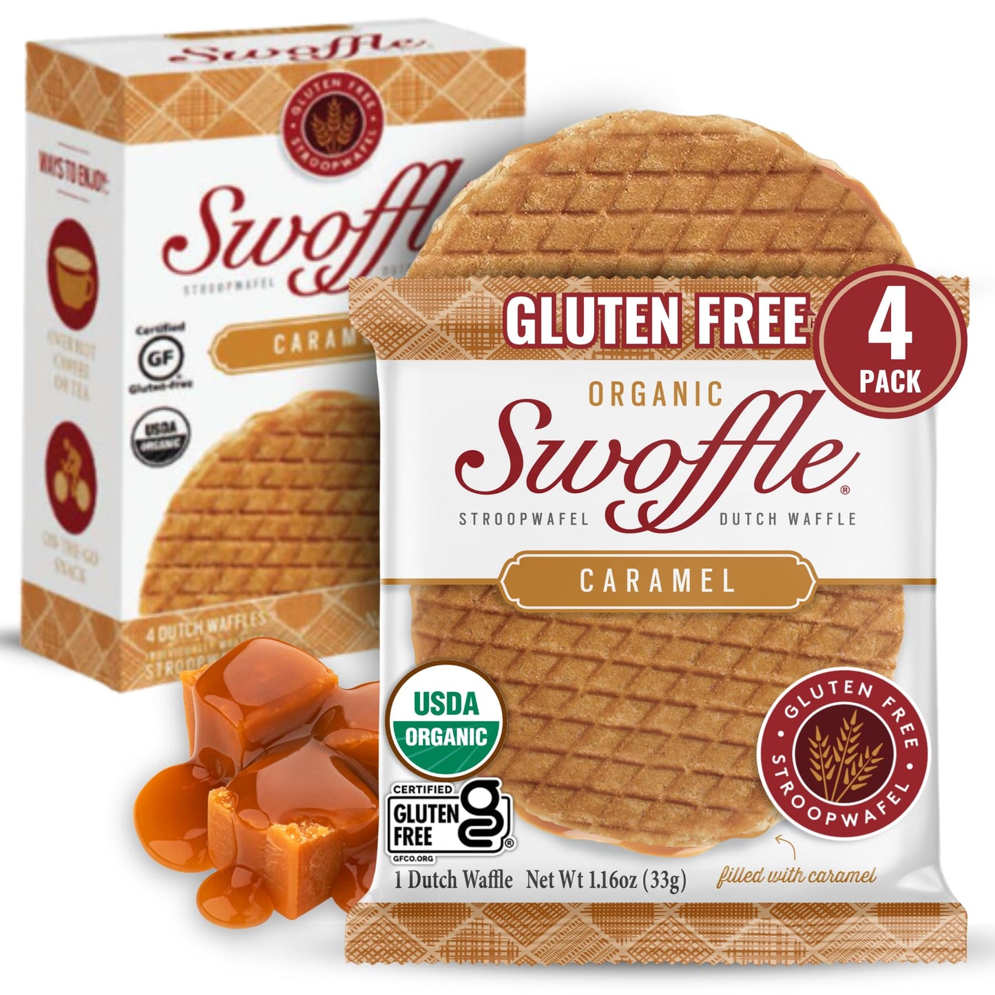 Gluten Free Organic Stroopwafels by Swoffle - Caramel Filled | (4) 1.16oz Wafers | non-GMO, Wheat Free, Kosher, Soy Free, Nut Fr