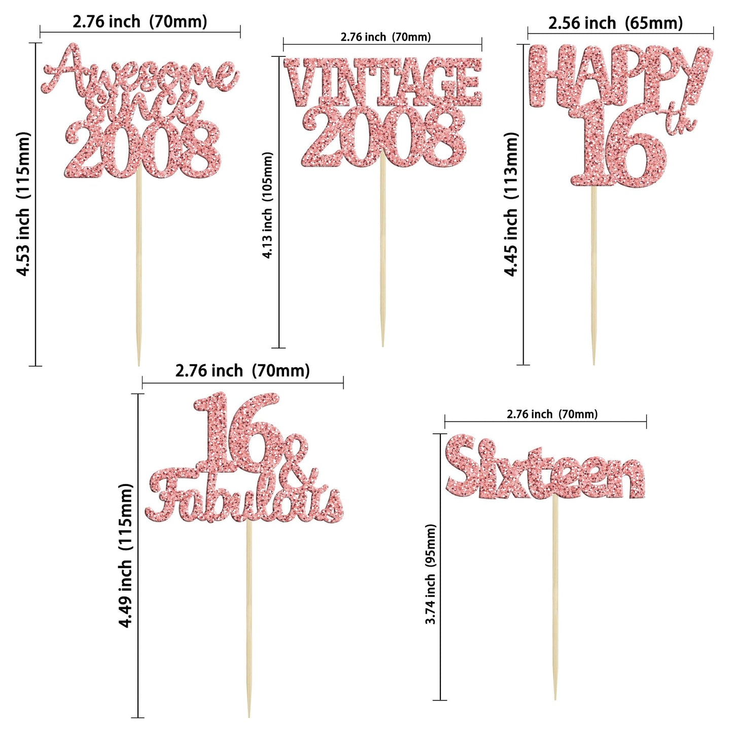 Gyufise 30Pcs Rose Gold Vintage 2008 Cupcake Toppers Glitter Happy 16Th Cheers To 16 Fabulous Sweet 16 Cupcake Picks 16Th Birthd