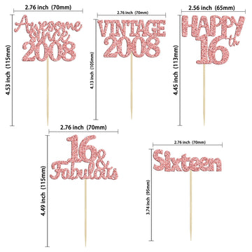 Gyufise 30Pcs Rose Gold Vintage 2008 Cupcake Toppers Glitter Happy 16Th Cheers To 16 Fabulous Sweet 16 Cupcake Picks 16Th Birthd