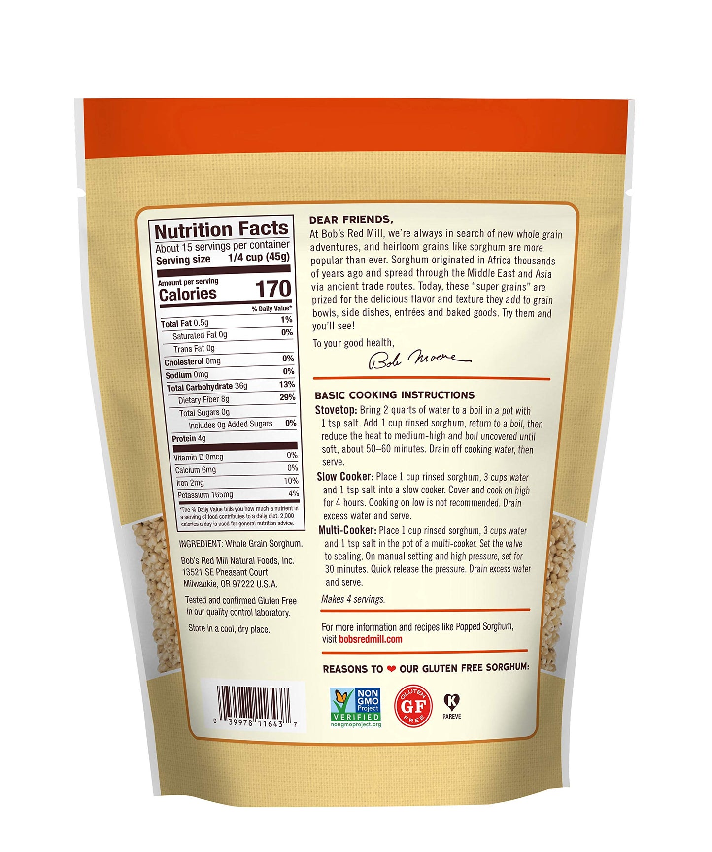Bobs Red Mill Sweet White Sorghum Grain, Gluten Free, 24 oz