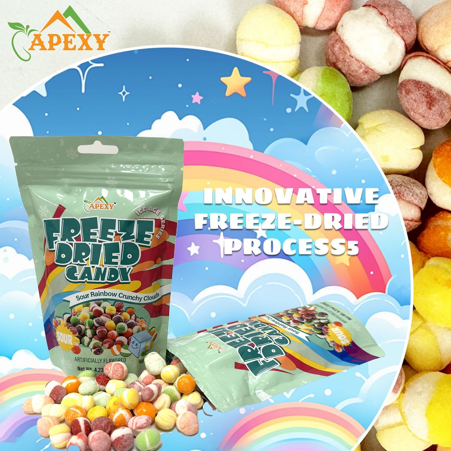 APEXY Freeze Dried Rainbow Candy Assorted Flavor - Crunchy   & Snacks - 4.23oz (120g) - Resealable Pouch