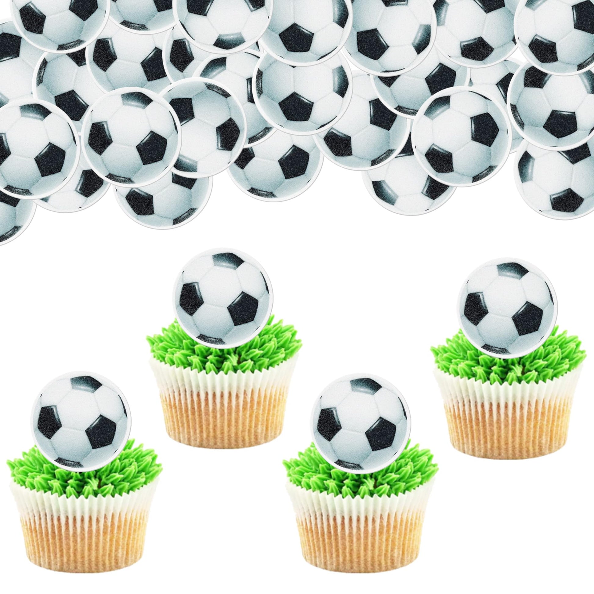 48 PCS Edible Soccer Ball Cupcake Toppers Wafer Paper Soccer Cupcake Picks Edible Football Cupcake Decorations for Sports Soccer