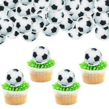 48 PCS Edible Soccer Ball Cupcake Toppers Wafer Paper Soccer Cupcake Picks Edible Football Cupcake Decorations for Sports Soccer