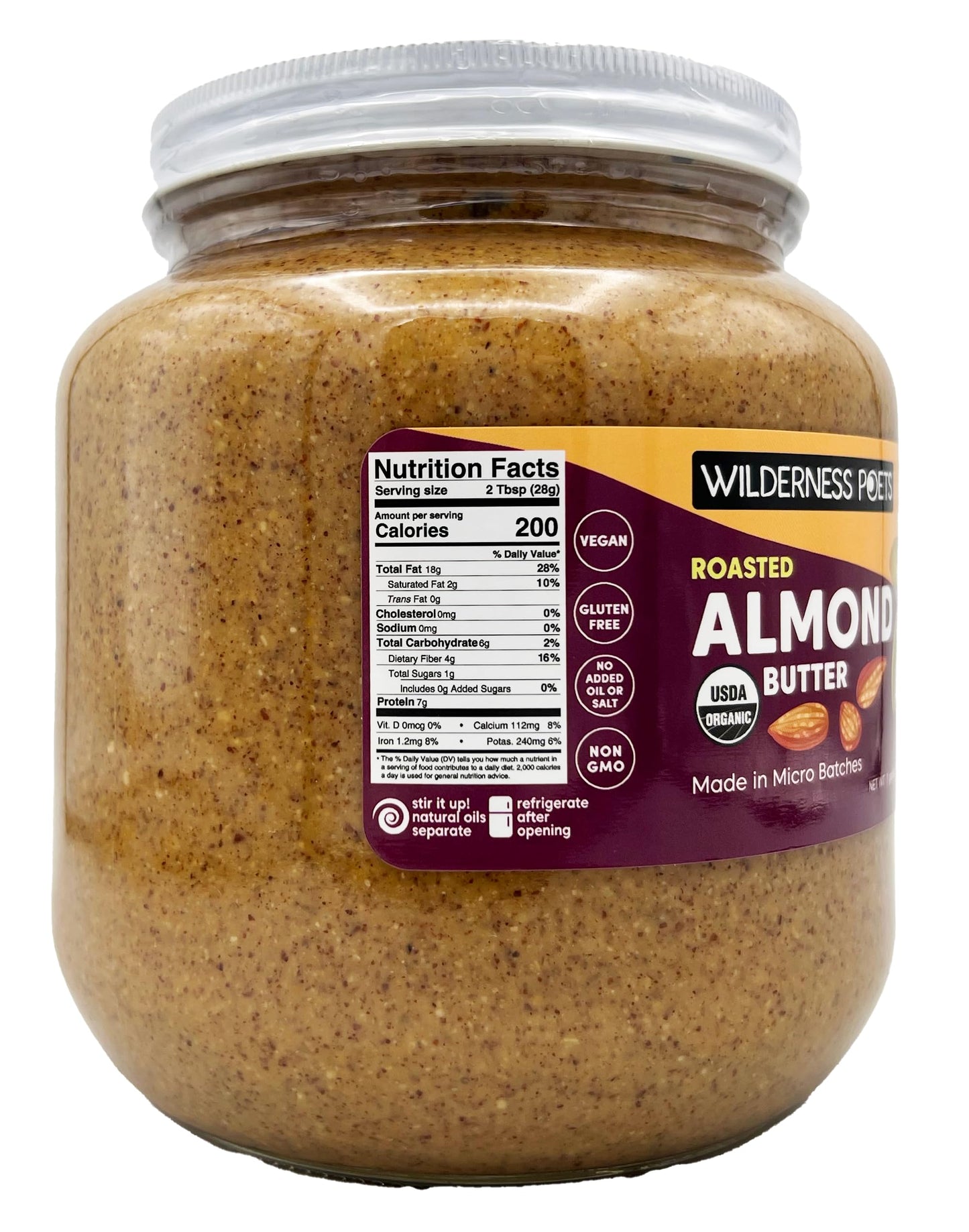 Wilderness Poets, Roasted Almond Butter - Organic, Smooth, Creamy, No Salt, Unsweetened - Half Gallon Glass Jar, 4 Pound (64 Oun