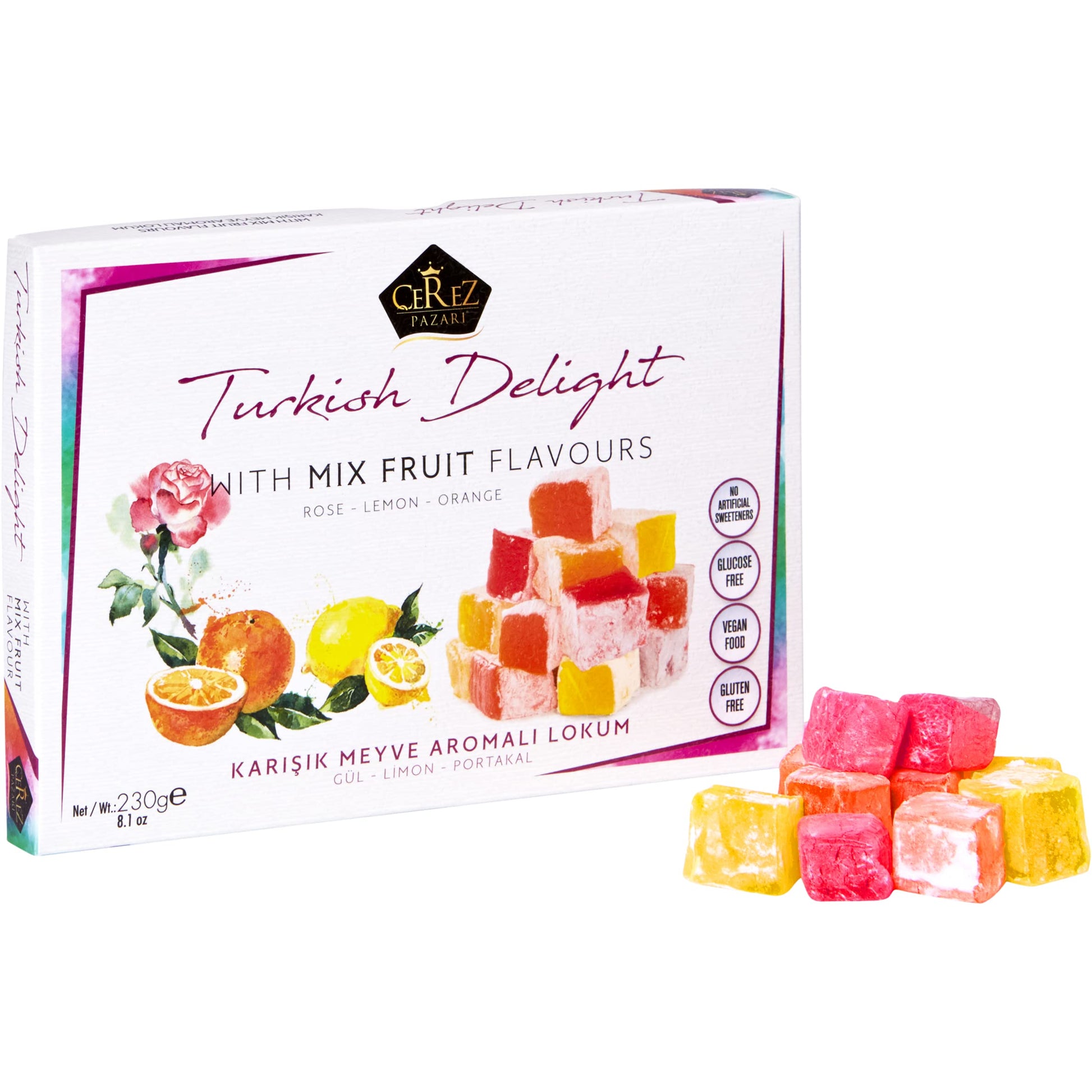 Çerez Pazari Turkish Delight Gift Box, Rose, Orange & Lemon Flavors, 8.1 Oz, Vegan Traditional Confectionery, Approx. 32 Pcs