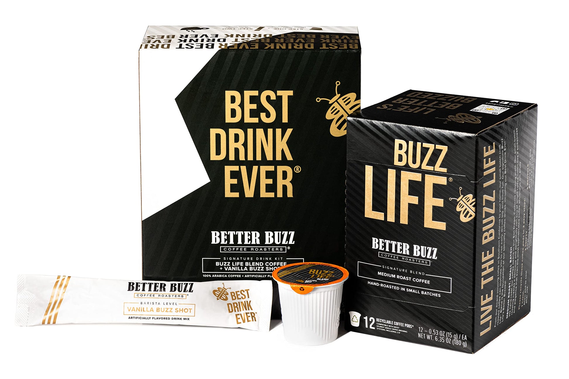Better Buzz Best Drink Ever Vanilla Latte Single Serve Coffee Maker Kit 24Ct.,12 Medium Roast Coffee Pods (Buzz Life) & 12 Vanil