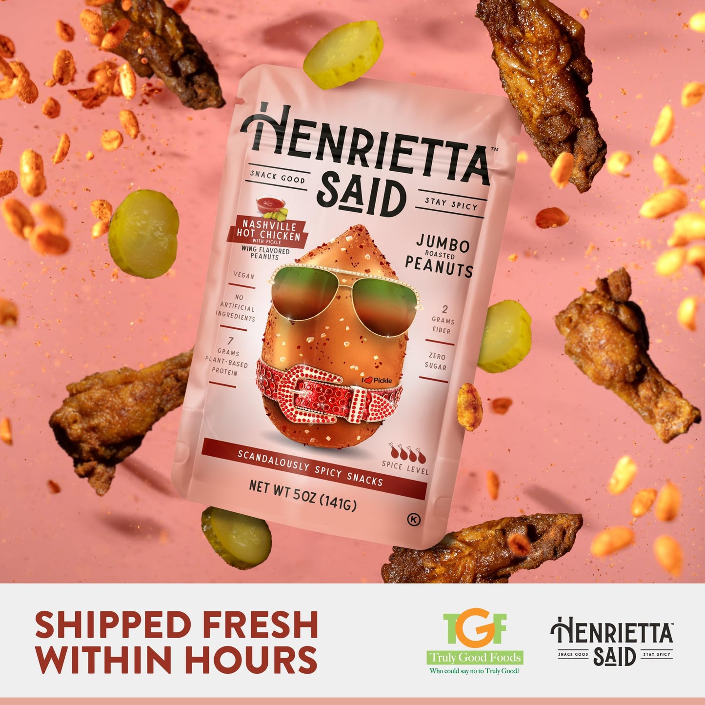 TGF TRULY GOOD FOODS Jumbo Flavored Peanuts - Nashville Hot Chicken - Savory & Spicy - 5 Ounce - Vegan Snack - Model 0094184015226