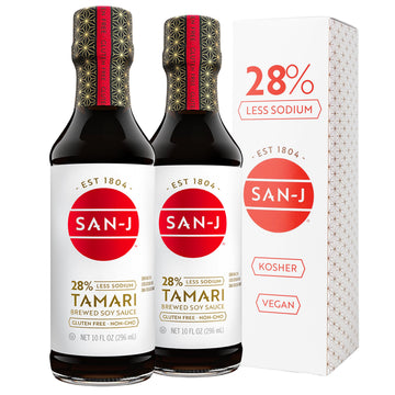 San-J Gluten Free Tamari Soy Sauce, 28% Less Sodium, 10 oz Bottles, 2 Pack, Model 3259, Collectors Tin Included