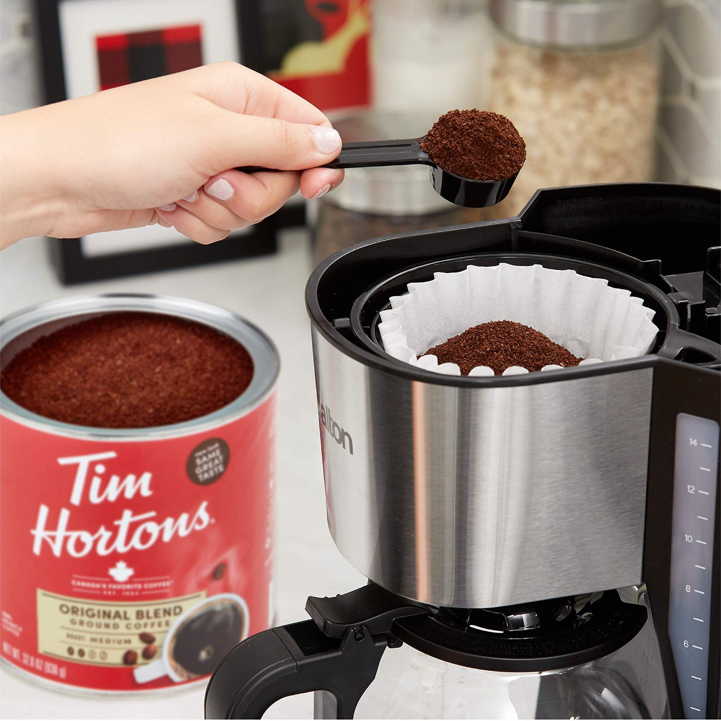 Tim Hortons Original Blend Medium Roast Ground Coffee, 100% Arabica Beans, 48 Ounce Canister, Red