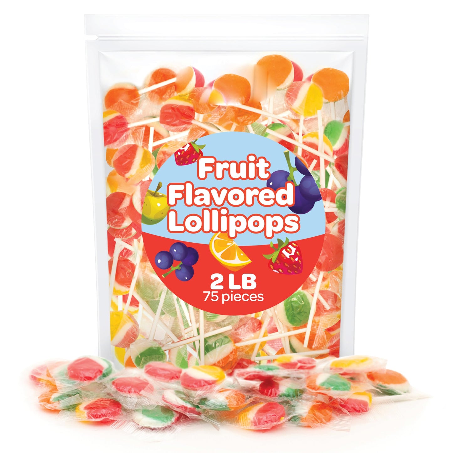 Fruit Lollipops - 2 Pound Bulk Pack (80 Count) - Assorted Fruit Flavored Hard Candy - Flat Suckers For Kids And Parties