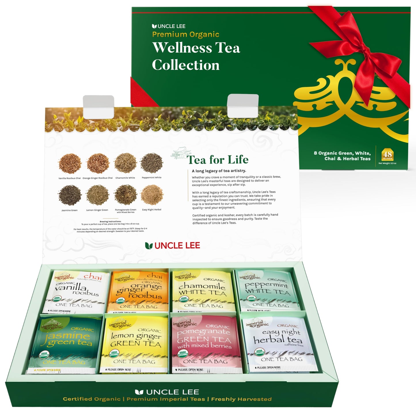 Uncle Lees Organic Tea Variety Gift Set - 8 Teas (6 Bags Each) in Premium Gift Box, 48 Count, Model: cop-001