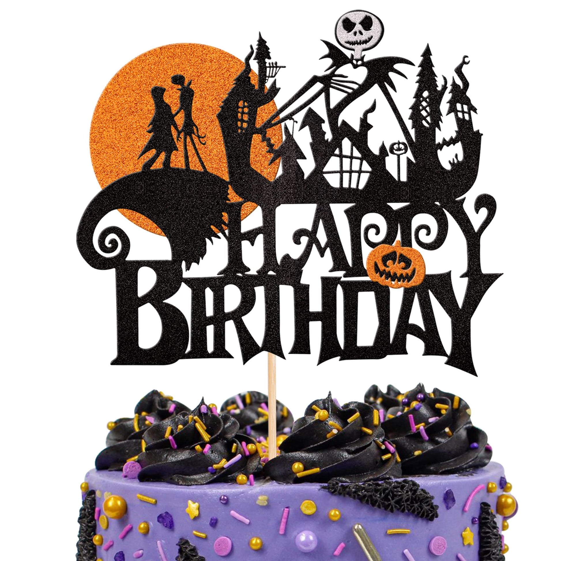 1 Pcs Halloween Happy Birthday Cake Topper Glitter Jack And Sally Pumpkin Bat Castle Ghost Halloween Cake Pick For Halloween The