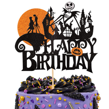 1 Pcs Halloween Happy Birthday Cake Topper Glitter Jack And Sally Pumpkin Bat Castle Ghost Halloween Cake Pick For Halloween The