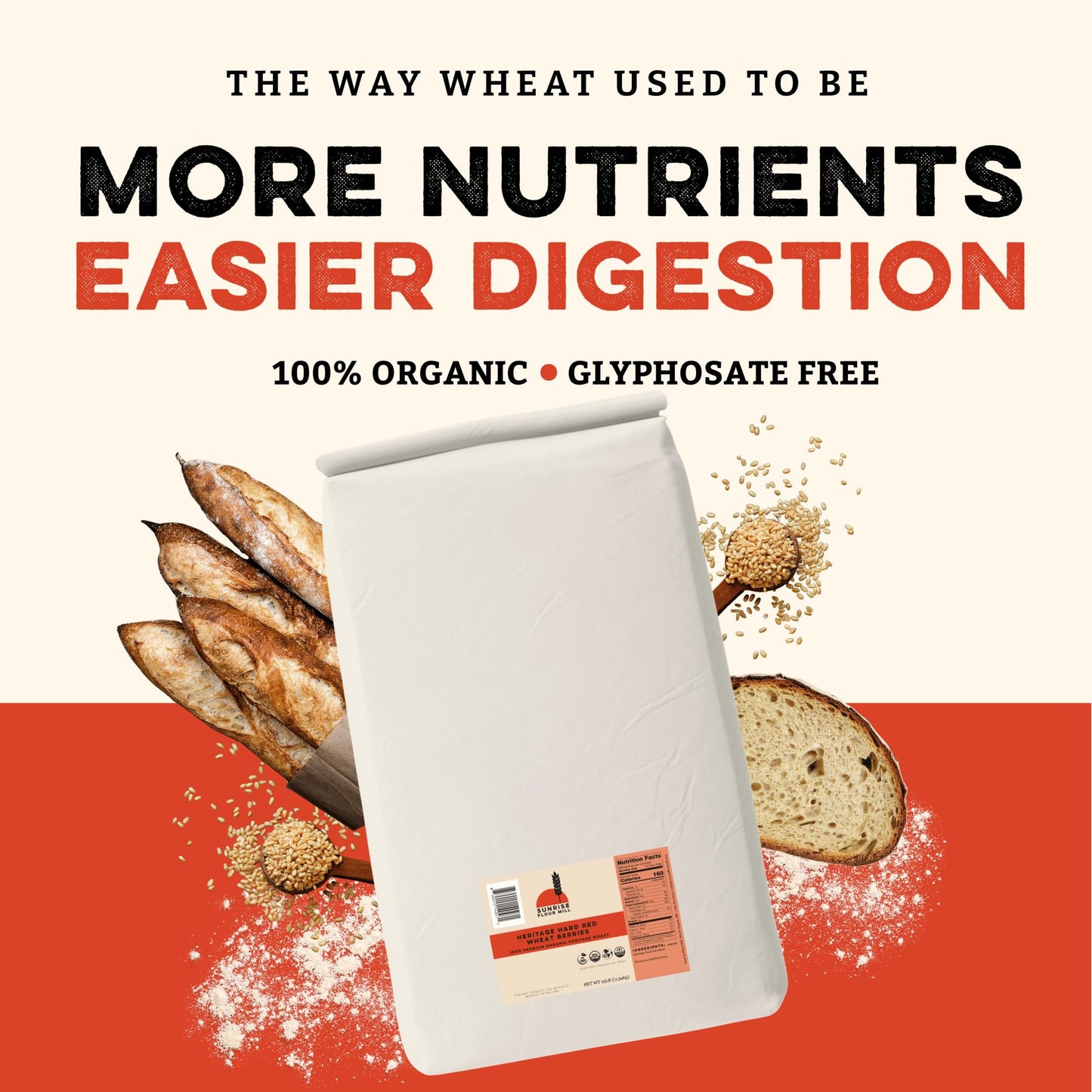 Sunrise Flour Mill Organic Hard Red Wheat Berries 25 LB - Non-GMO, Unprocessed, Vegan, Kosher, Shelf-Stable Whole Wheat