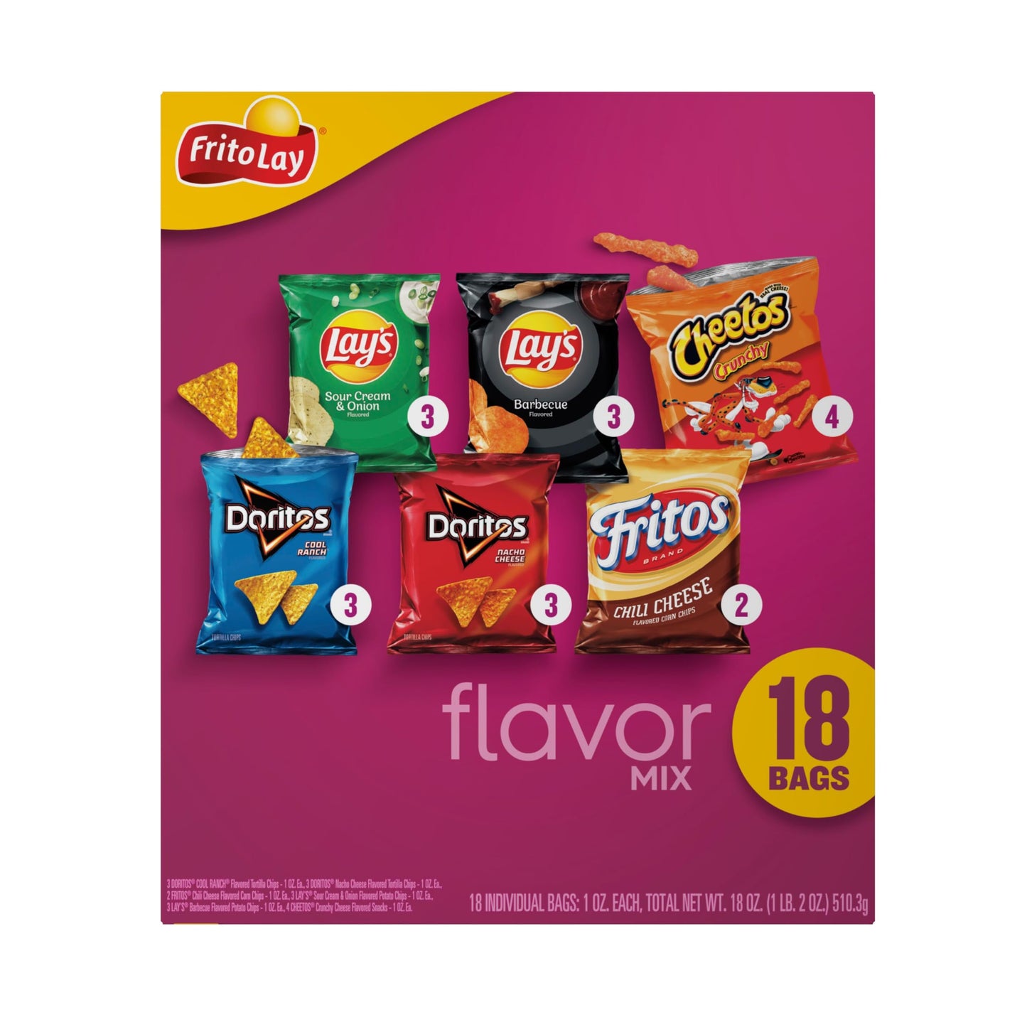 Frito-Lay Snacks Flavor Mix Chips Variety Pack, Doritos, Lays, Chetos, Fritos, 1oz Bags -18 Count (Pack of 1) (Assortment May V