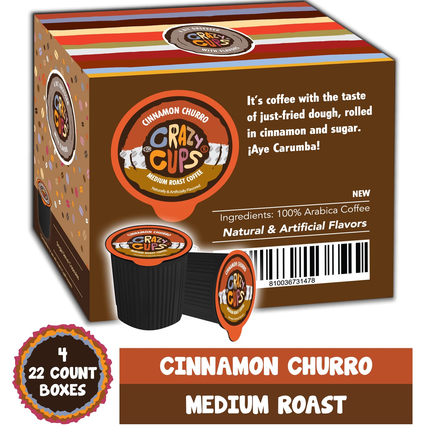 Crazy Cups Flavored Cinnamon Churro Coffee Pods for Keurig, Medium Roast, 88 Count (Pack of 4)