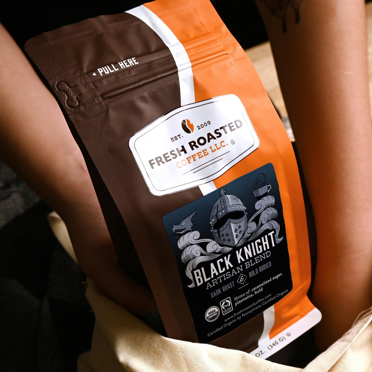 Fresh Roasted Coffee, Organic Black Knight, 12 Oz, Dark Roast, Fair Trade Kosher, Whole Bean