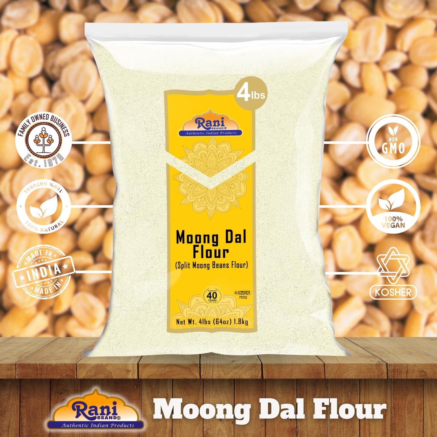 Rani Moong Flour, Mung Bean Flour, Gluten Friendly, Vegan, 64oz (4lbs), NON-GMO, Kosher, Indian Origin