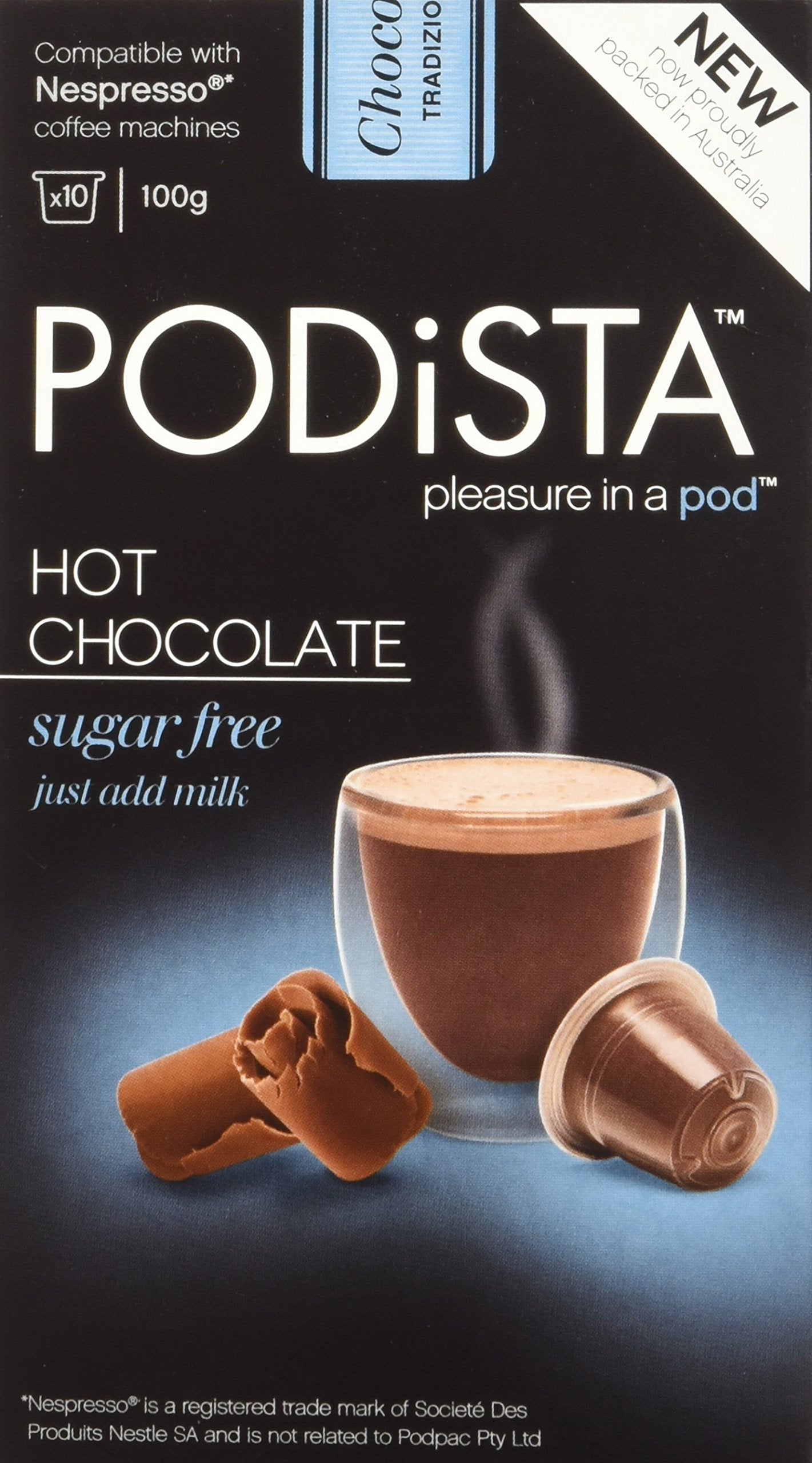 Podista Hot Chocolate Capsules - Sugar Free Cocoa Pods - 10 Pod Package