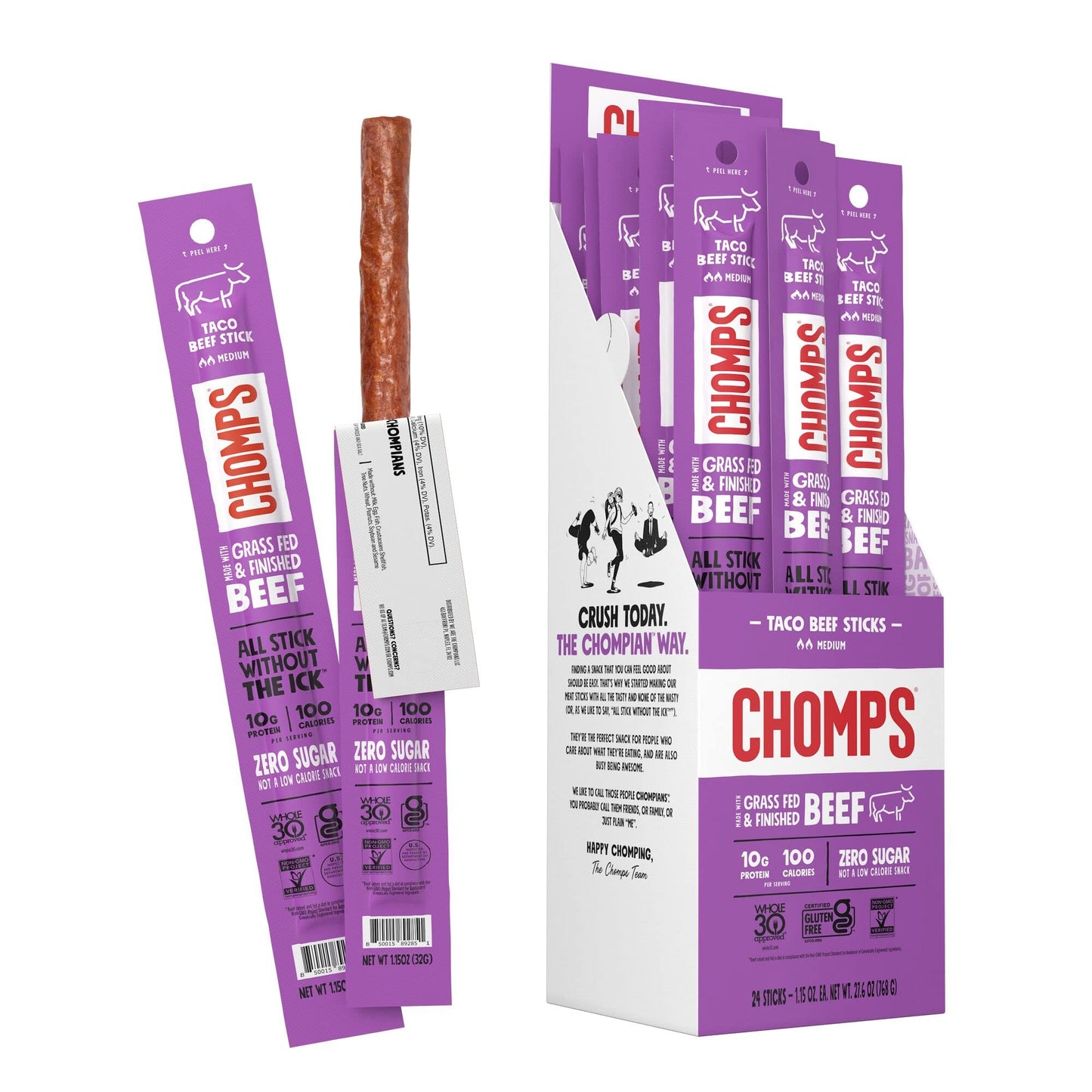 Chomps Grass-Fed Taco Beef Jerky Snack Sticks, 24-Pack, Keto, Paleo, Gluten-Free, 10g Protein