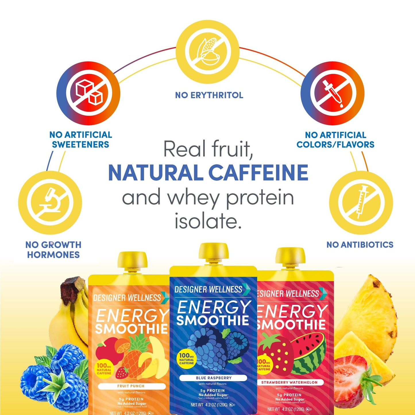 Designer Wellness Energy Smoothie  Real Fruit  100mg Natural Caffeine  5g Protein  Low Carb  Zero Added Sugar  Gluten-Free  Variety Pack  12 Count