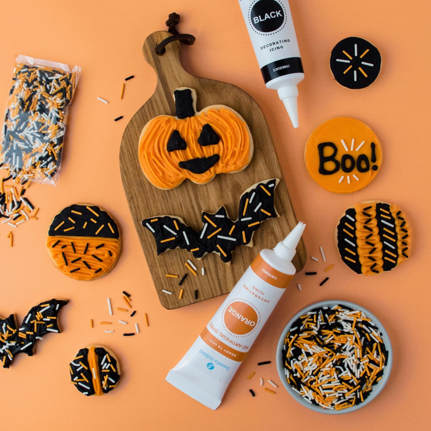 Sweets Indeed Dye-Free Halloween Frosting & Sprinkles Set - 8.22 oz | 2 Frosting Tubes (Orange & Black) + 2 Decorating Tips + 2 oz Sprinkle Mix (Black  Orange & White) | No Artificial Dyes Cupcake & Cookie Decorating Kit