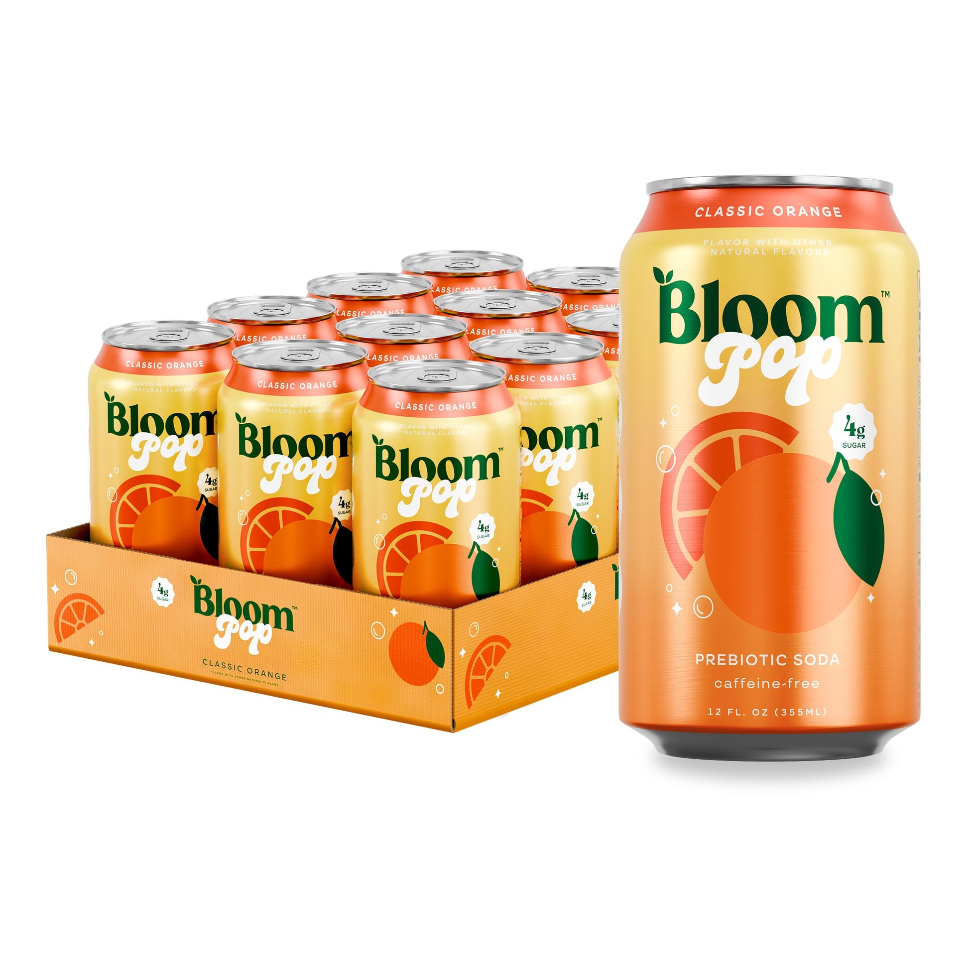 Bloom Pop Prebiotic Soda 12 Pack  Classic Orange Flavor  12oz Cans | Prebiotic Soda for Gut Health  Low Calorie Soda  No Caffeine  Healthy Soft Drink Alternative
