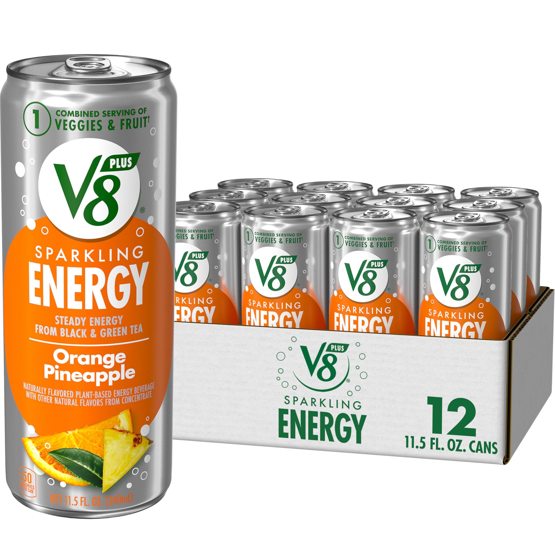 V8 Energy Drink, Sparkling Orange Pineapple, Pack of 12 (11.5 fl oz)
