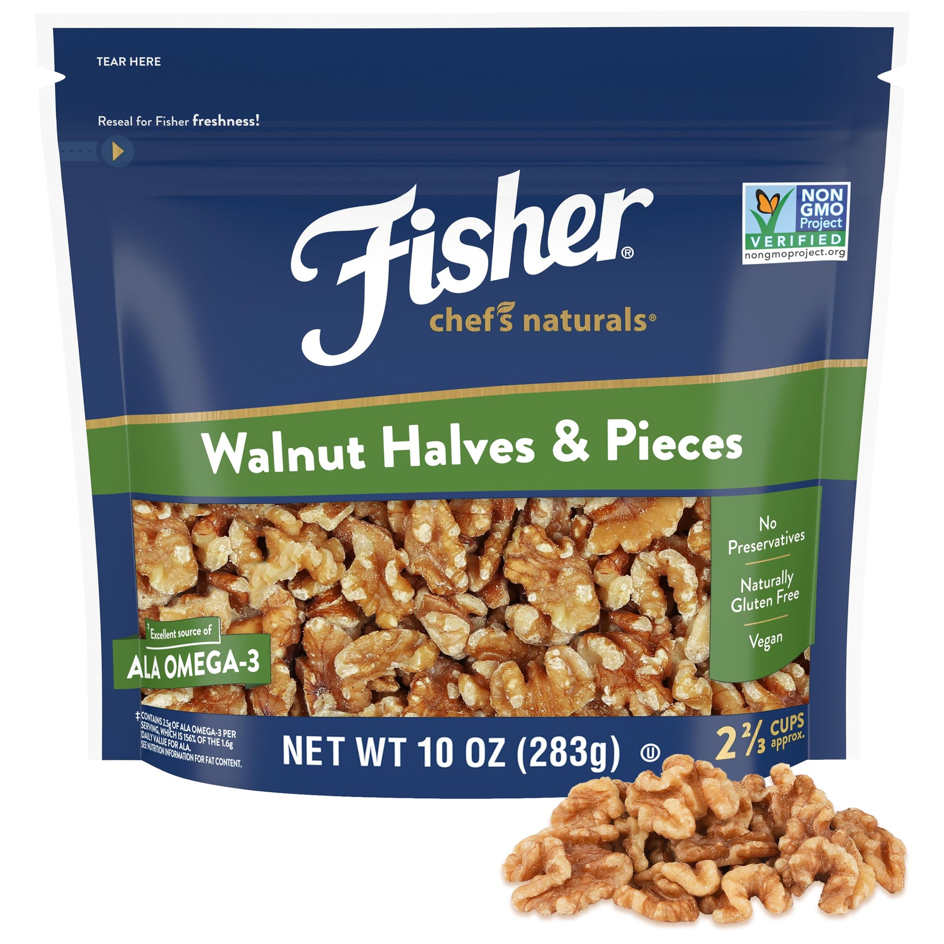 Fisher Walnut Halves & Pieces, 10 oz, Unsalted, Vegan Protein, Brown, Model 070690023641, Resealable Bag