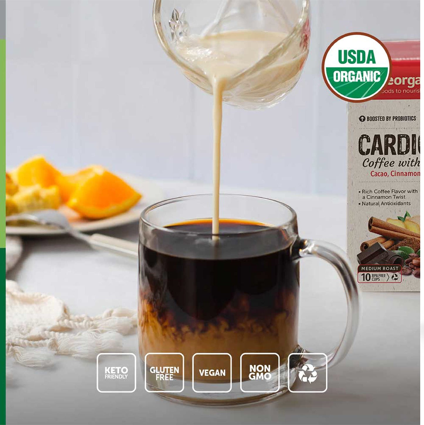 Bareorganics 13313 Cardio Care Usda Organic Coffee Pods, Compatible Organic Coffee Pods, Infused With Superfoods & Probiotics, Vegan Friendly, Gluten Free, 10 Single Serve Cups