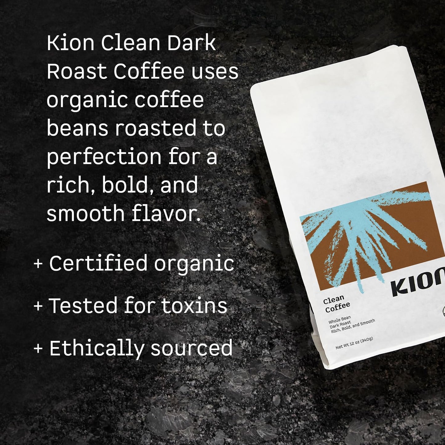Kion Organic Coffee | Tested for Toxins | Roasted to Maximize Health and Taste | Whole Bean Dark Roast 12 Oz