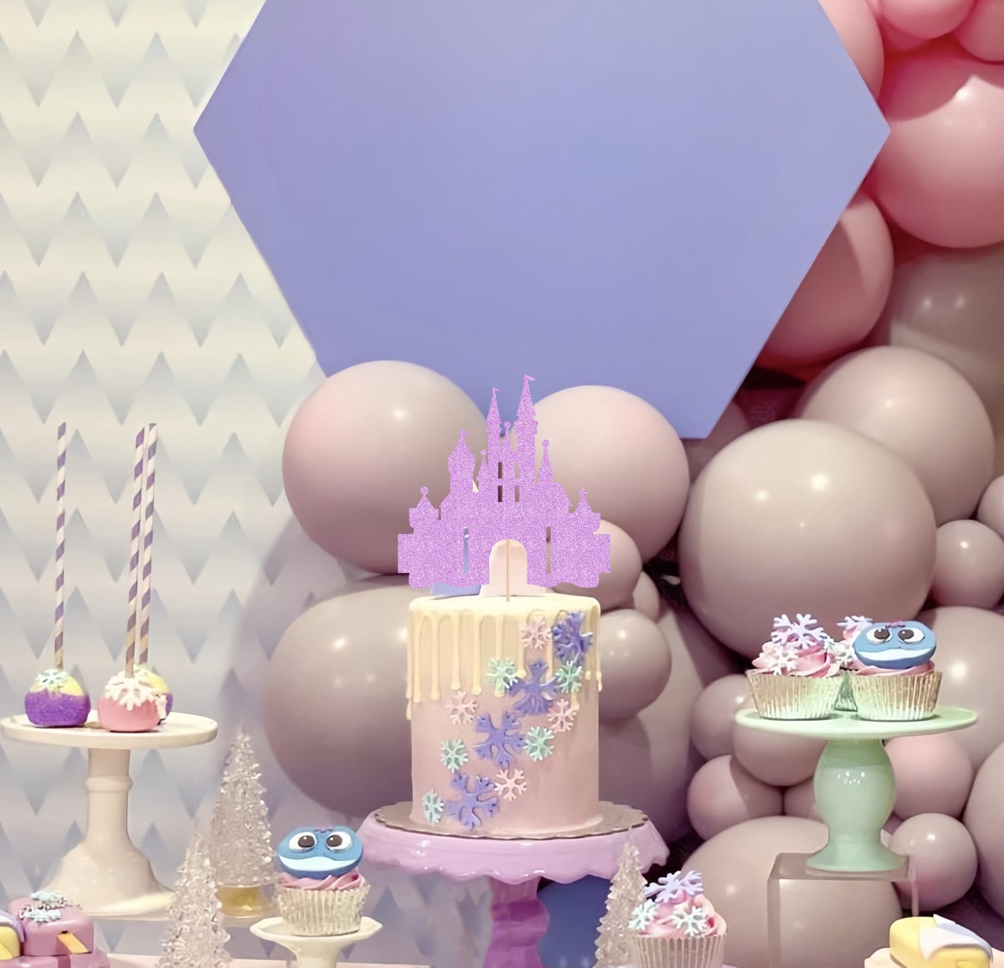 EONNCNT Castle Cake Topper - Purple Glitter Cardboard Birthday Decoration, 6.3x8.7