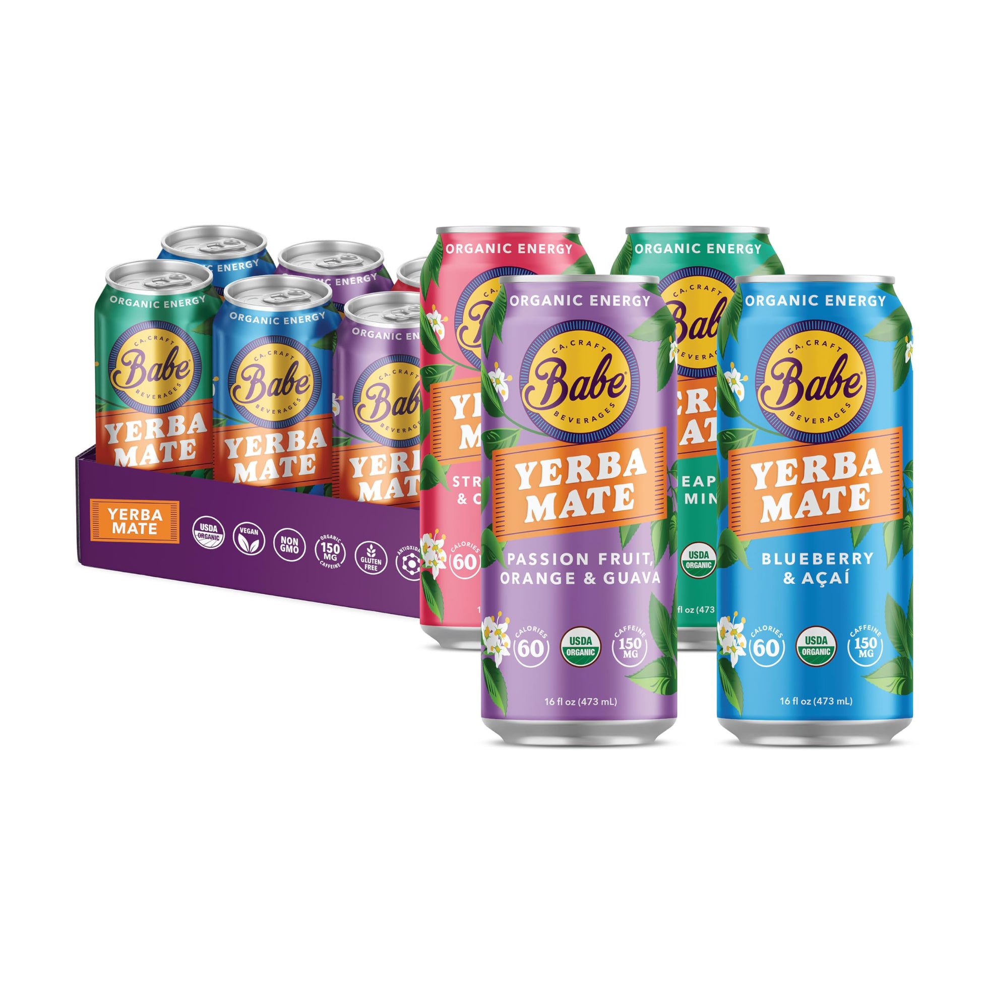 Babe Beverages Organic Yerba Mate Energy Drinks - 150mg Caffeine, Sample Pack (6 x 16oz Cans)
