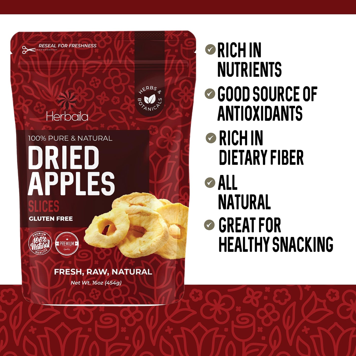 Dried Apples 1lb, Apple Slices. Chewy Soft Dried Apples No Sugar Added, Dried Apples Bulk and Dried Apple Slices. Gluten Free Sn
