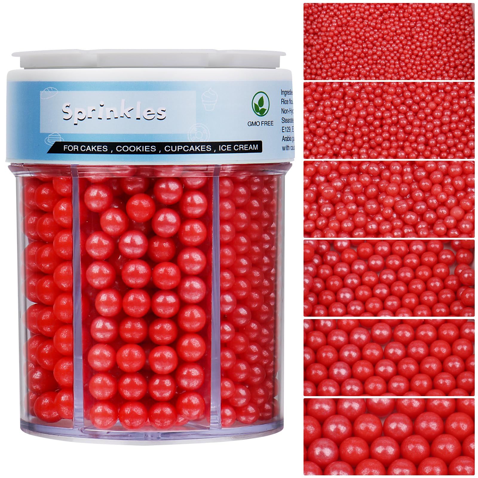 Sprinkles for Cake Decorating, 11Oz 6 Sizes Red Pearl Sprinkles for Cake Cupcake Ice Cream Donuts Cookie Baking Toppings