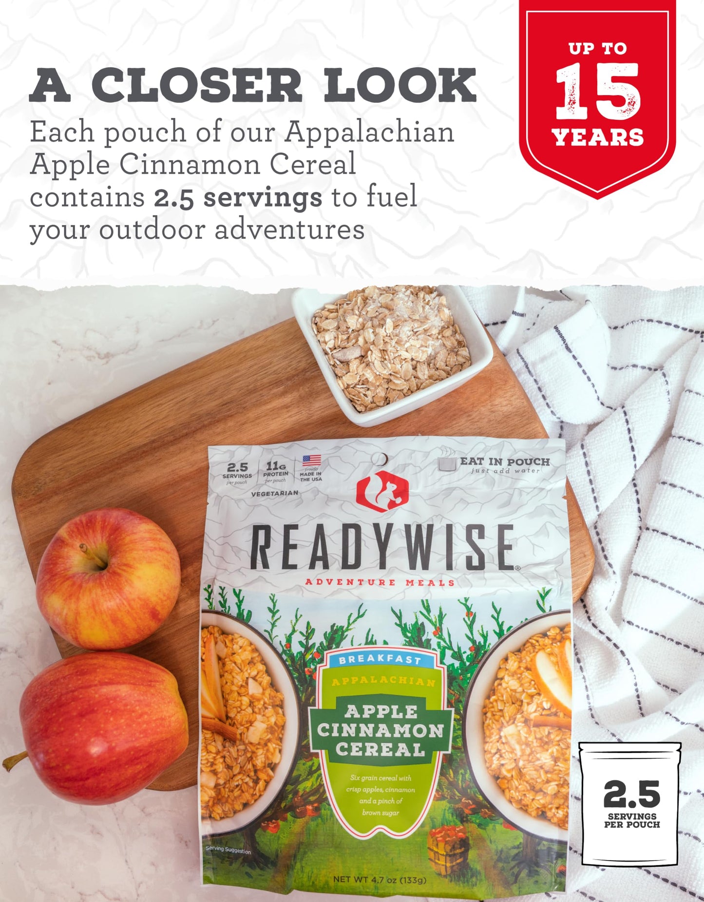 Readywise - Outdoor Apple Cinnamon, 2.5 Servings, Pack Of 1, Emergency Preparedness, Freeze Dried Food, Mre, Snack Pack, Surviva