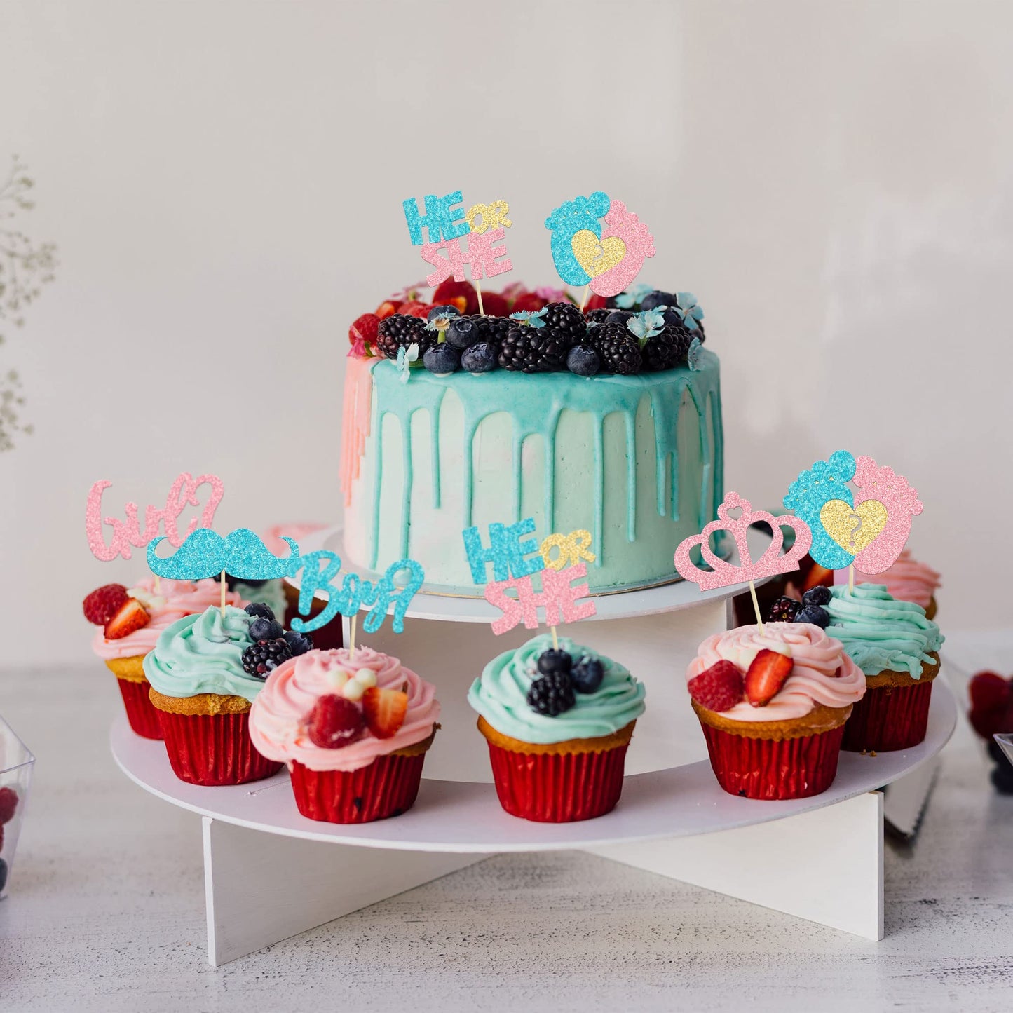 24Pcs Boy Or Girl Cupcake Toppers Pink Blue Glitter Crown Moustache Baby Shower Cupcake Picks He Or She Footprint Cake Topper De