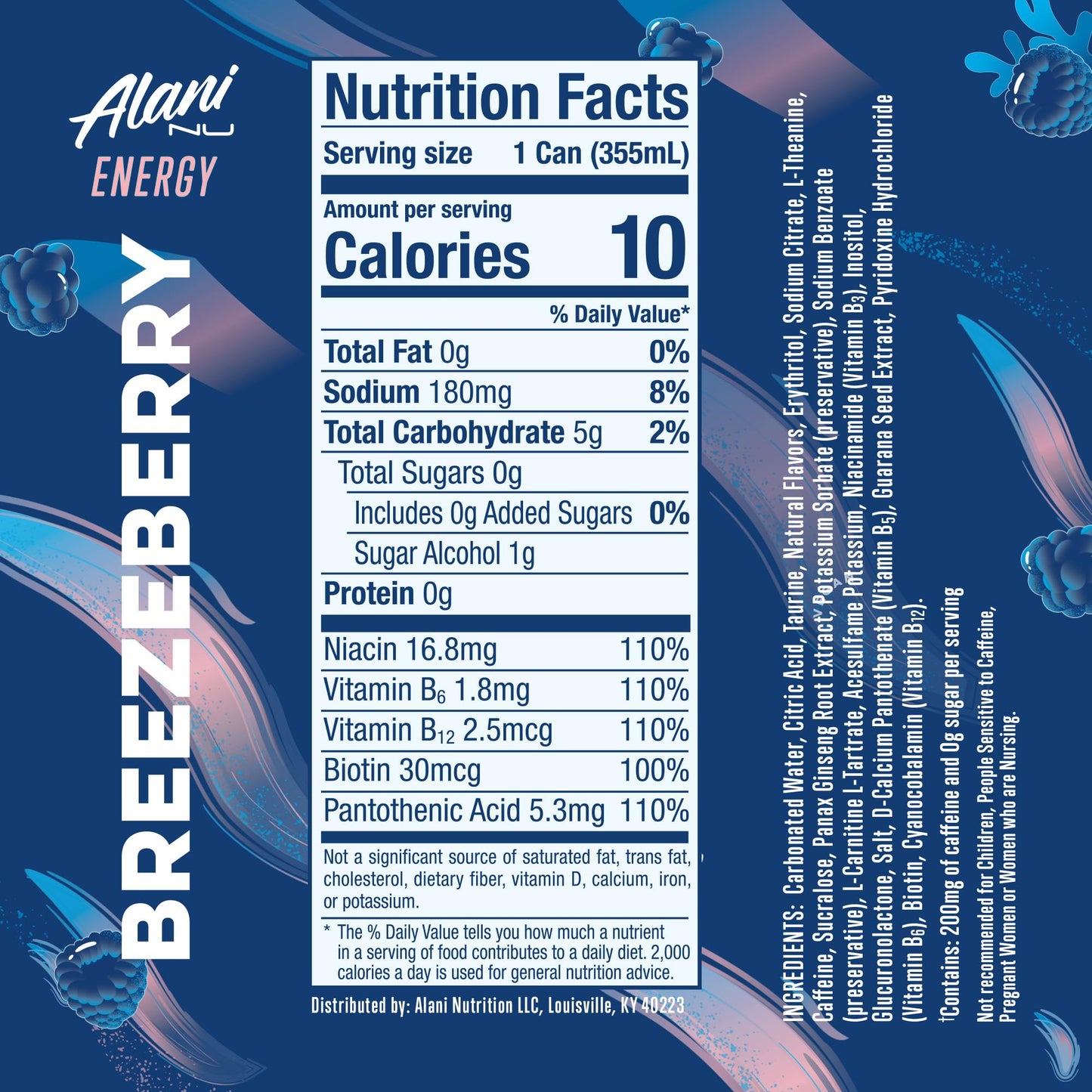 Alani Nu BREEZEBERRY Energy Drink, Sugar Free, 200mg Caffeine, 12 Fl Oz Cans, Pack of 24