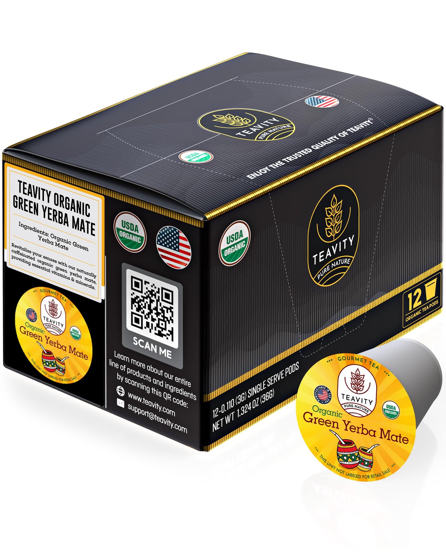Teavity Organic Yerba Mate Tea Pods for Keurig - Green, Unsmoked - 12 Count