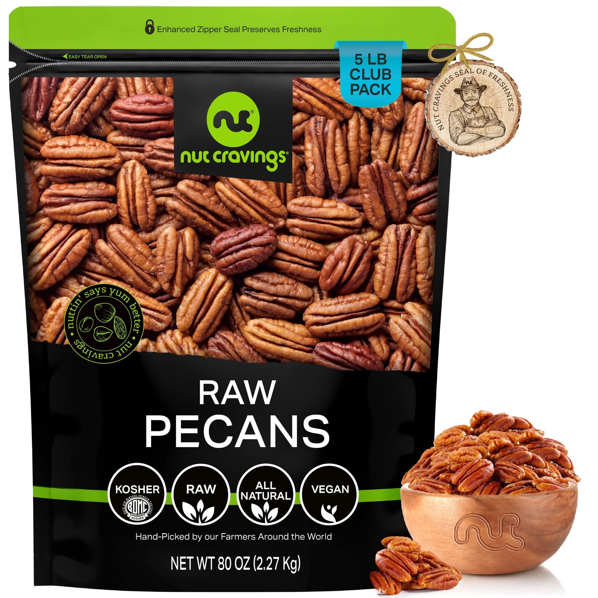 NUT CRAVINGS - Raw Pecans Halves & Pieces, Unsalted, Shelled, (80oz - 5 LB) Bulk Nuts Packed Fresh in Resealable Bag - Kosher He