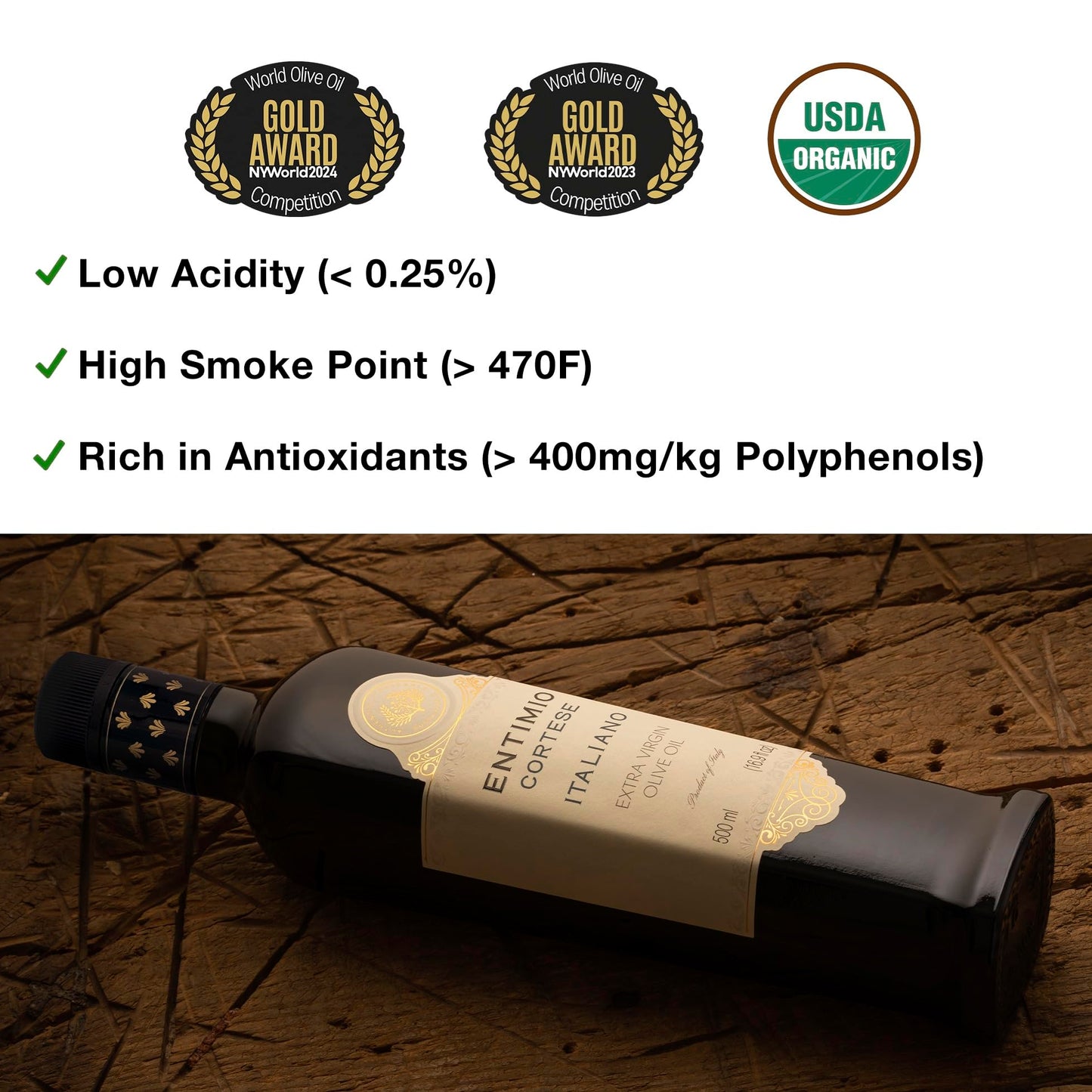 Entimio Cortese - Tuscany Medium Extra Virgin Olive Oil Organic, Italian Olive Oil From Italy, 2024 Gold Award Winner, 400+ Mg/K