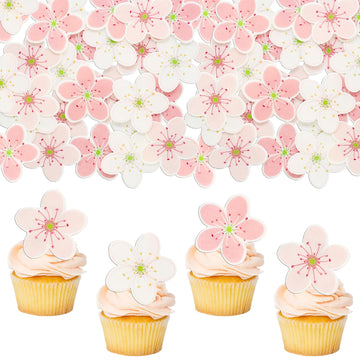 Gyufise 54Pcs Edible Flowers Cake Decorations Pink Edible Cherry Blossoms Cupcake Toppers Wafer Paper Flowers Cupcake Picks for 