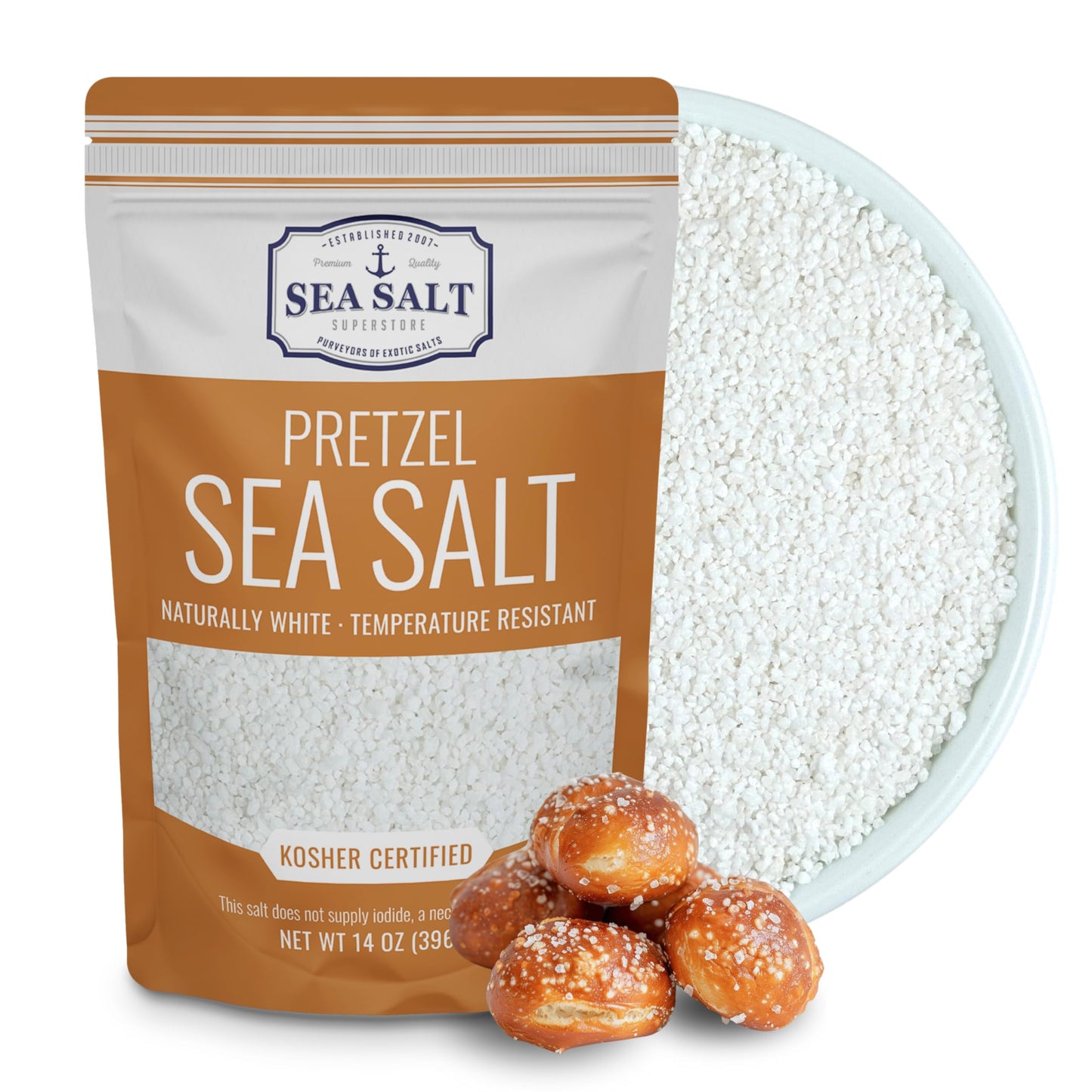 Sea Salt Superstore Coarse Sea Salt for Pretzels, 14 oz Bag, All Natural