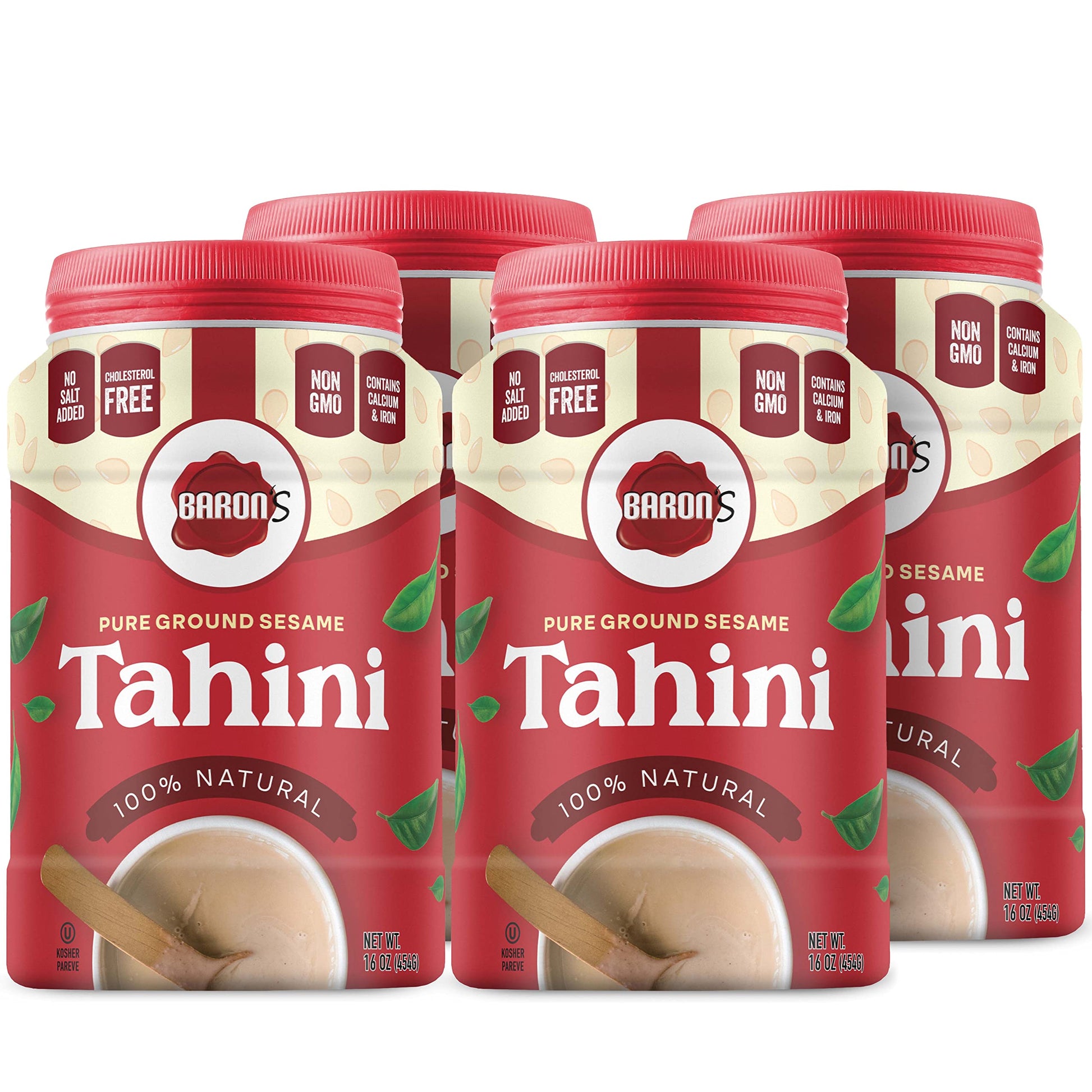 Baron'S Pure Tahini Sesame Paste | Rich Creamy Spread For Hummus, Dips, Sauces | 4 X 16 Oz Jars | Kosher, Vegan, Keto Friendly,