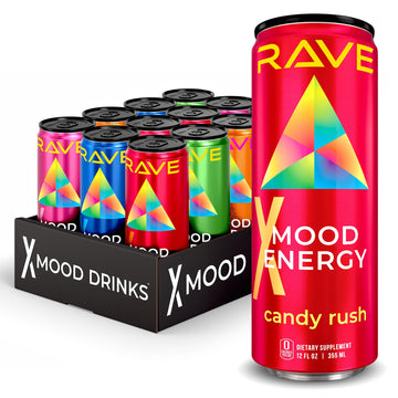RAVE Mood Energy Drink is Mind Blowingly Different. With Mood-Boosting Functional Mushrooms  Nootropics  Adaptogens & B Vitamins. Experience Mind & Body Rush! 225mg Caffeine - Electrolytes - Zero Calories - 6 Delicious Flavors - 12 fl oz - 12 Pack