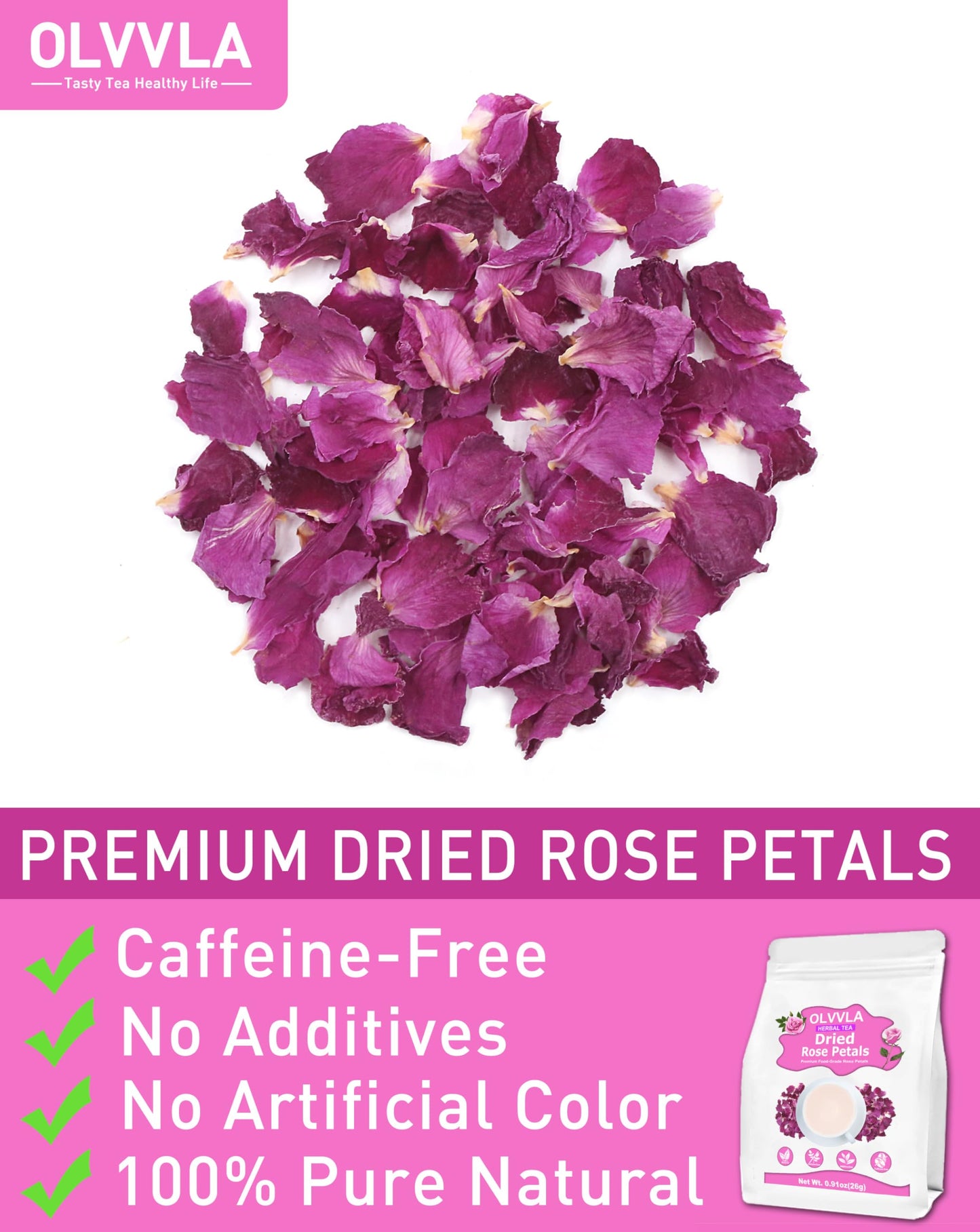 Olvvla Dried Rose Petals - Edible Flowers for Tea, Baking, Decorations - 0.91oz/26g