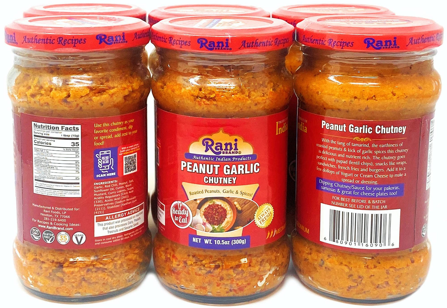 Rani Peanut Garlic Chutney 10.5Oz (300G) Glass Jar, Ready To Eat, Pack Of 5+1 Free ~ Vegan | Gluten Free | Non-Gmo | No Colors |