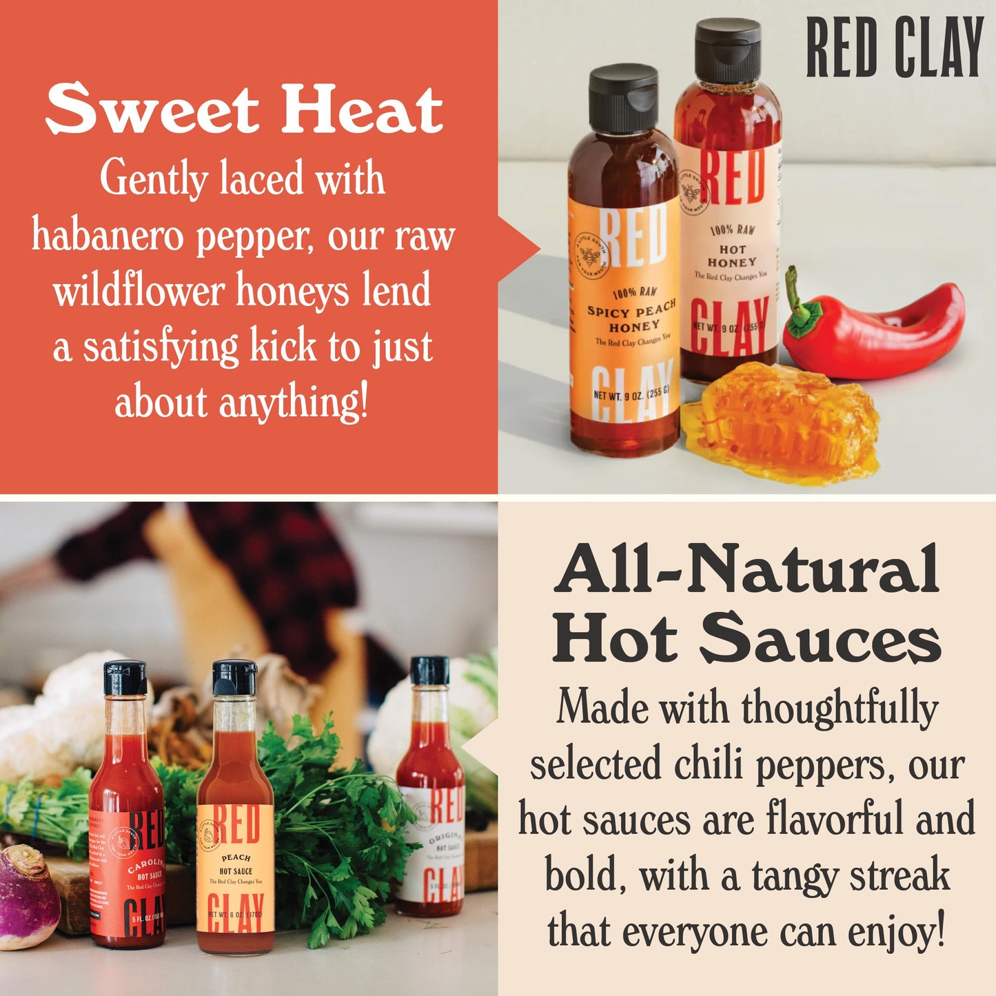 Red Clay Hot Sauce & Hot Honey, Whole Shebang Variety Pack (Original, Carolina Hot, Verde, Hot Honey And Southern Honey); Cold-Pressed, Fermented And Barrel-Aged Hot Sauces; 100% Raw Honey, 5 Count