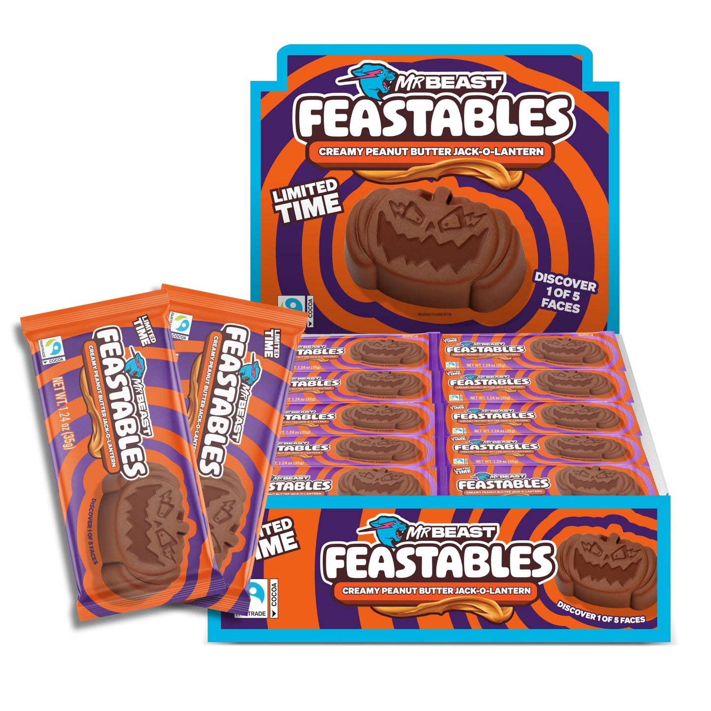 Feastables Mrbeast Peanut Butter Jack-O-Lantern, Milk Chocolate & Creamy Peanut Butter Filling, Cups For Mature-Themeds & Kids, Chocolate Candy For Halloween Snacks, Made With Fairtrade Cocoa, 30 Count